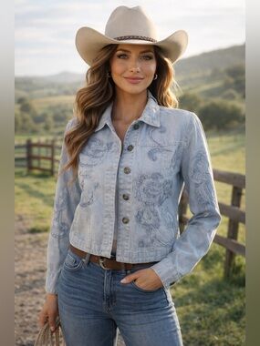 Moka Sport Women Sz S Denim Jacket Cropped Cutout Light wash Paisley Western